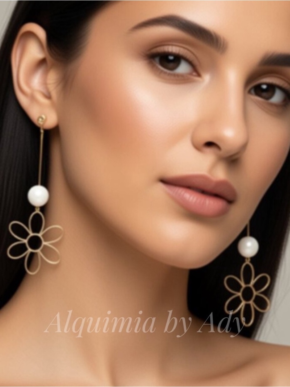 SHOULDER DUSTER Gold Floral Drop Earrings with White JADE Bead